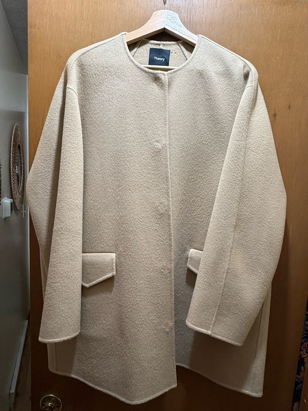 Theory Women's Camel cashmere Wool Blend Collarless Coat cape back medium